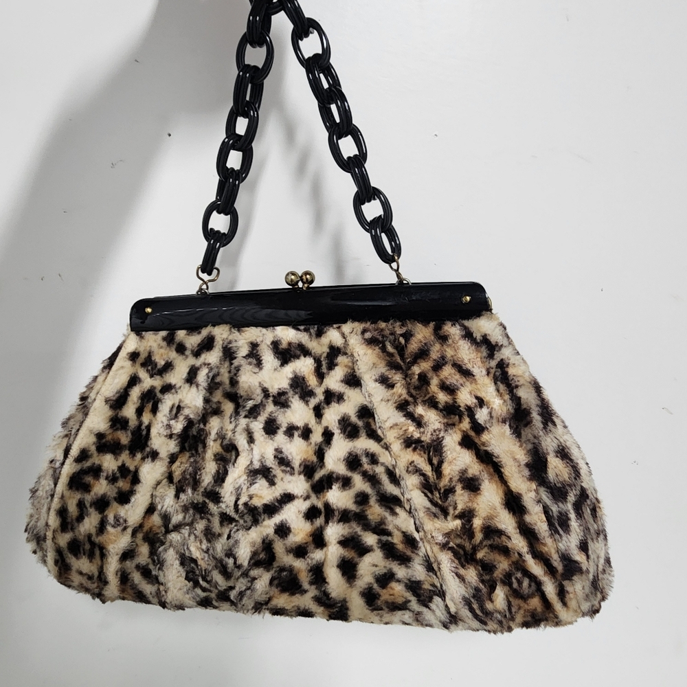Vintage 1960s Faux Leopard Chain Link Handle Handbag - Picture 6 of 10